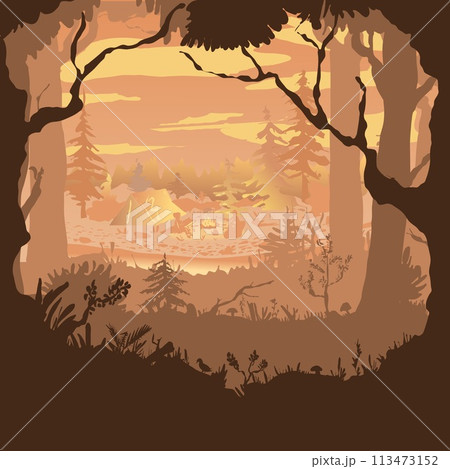 Beautiful stylized illustration of a camp in the forest. Vector illustration from multiple layers. Through the branches of trees and bushes, two people can be seen at a tent pitched by the river. A 113473152