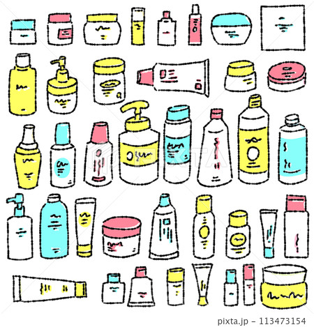 色々な種類のスキンケア用品　シンプルでおしゃれな線画イラスト 113473154