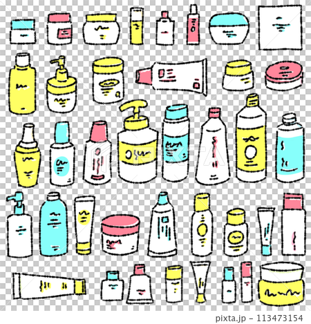 色々な種類のスキンケア用品　シンプルでおしゃれな線画イラスト 113473154