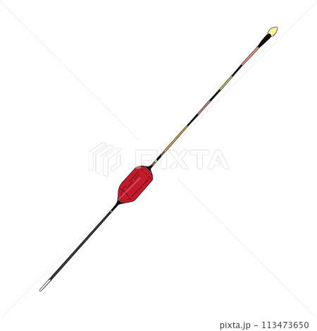 Fishing float bobber cork vector illustration tackle. Bait minnow line drawing. Silhouette outline. Fisher angler tool. Sharp hook catch sport equipment. Gear art floater red long. Red plastic water 113473650