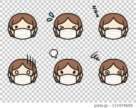 一組戴著面具的中分人物的各種面部表情 113474698