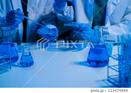 Science and medicine, scientist analyzing and dropping a sample into a glassware, experiments containing chemical liquid in laboratory on glassware, innovative and technology. 113474849