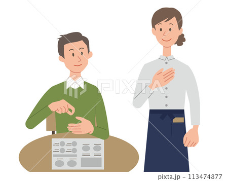 手話で注文する男性と答える女性店員のイラスト 113474877