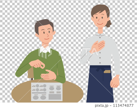 Illustration of a man ordering in sign language and a female clerk answering 113474877