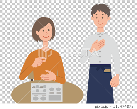 Illustration of a woman ordering in sign language and a male store clerk answering Illustration of a woman ordering in sign language and a male store clerk answering 113474878