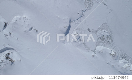 Antarctica Coast Glacier Surface Open Water Aerial View. Arctic Lagoon Floating Melting Ice Majestic Landscape Global Warming Concept Top Flight Drone 113474945