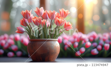 美しい春の花が咲く植木鉢　AI生成画像 113474947
