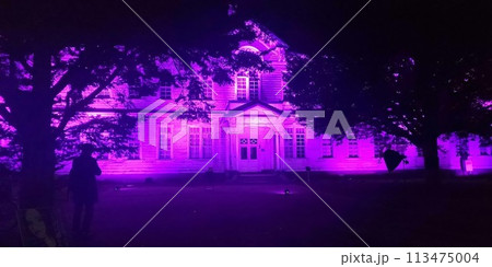紫色にライトアップされた夜の洋館 紫色にライトアップされた夜の洋館 113475004