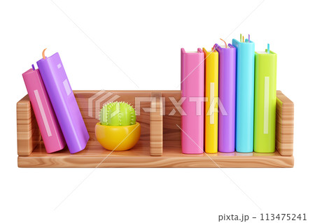 Book stack with hard cover standing and laying, and green flower in pot on wooden shelf. 3D render illustration of literature row with plant on bookshelf with wood texture for reading and education. Book stack with hard cover standing and laying, and green flower in pot on wooden shelf. 3D render illustration of literature row with plant on bookshelf with wood texture for reading and education. 113475241