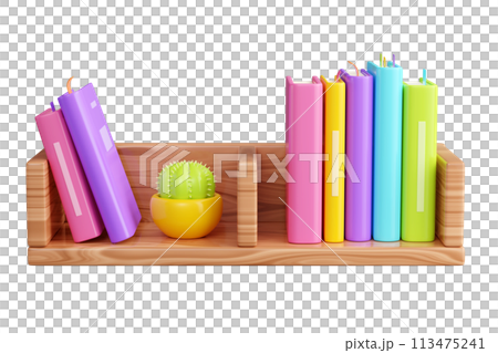 Book stack with hard cover standing and laying, and green flower in pot on wooden shelf. 3D render illustration of literature row with plant on bookshelf with wood texture for reading and education. Book stack with hard cover standing and laying, and green flower in pot on wooden shelf. 3D render illustration of literature row with plant on bookshelf with wood texture for reading and education. 113475241