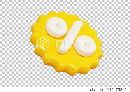 Yellow starburst sticker with percent sign floating in air. 3D render illustration of round sunburst label with sale and discount sign for promotion. Flying in different angles badge icon. 113475242