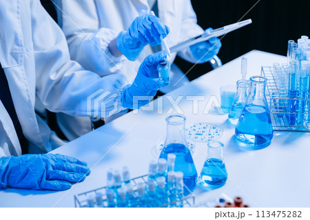 Two Scientist mixing chemical liquids in the chemistry lab. Researcher working in the chemical laboratory Two Scientist mixing chemical liquids in the chemistry lab. Researcher working in the chemical laboratory 113475282