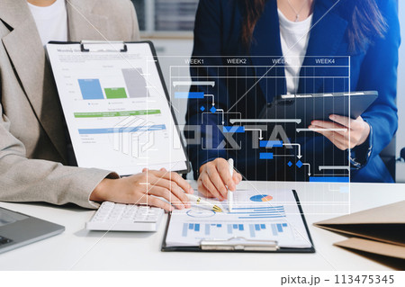 Project manager working and update tasks with milestones progress planning and Gantt chart scheduling diagram.business tram working. 113475345