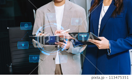 Man and woman using chatbot in computer and tablet  smart intelligence Ai.Chat with AI Artificial Intelligence, developed by OpenAI generate. Futuristic technology, robot 113475351