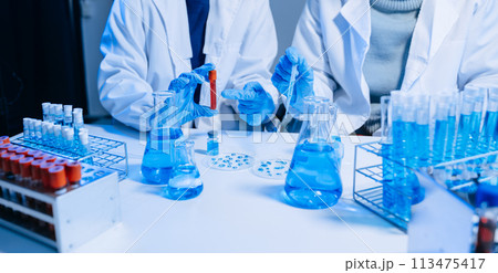 Two Scientist mixing chemical liquids in the chemistry lab. Researcher working in the chemical laboratory 113475417