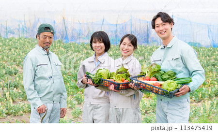 笑顔で視線を向ける農家の男性と若者たち 113475419