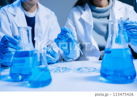 Two Scientist mixing chemical liquids in the chemistry lab. Researcher working in the chemical laboratory 113475426