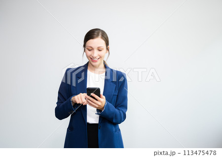 Young fun successful employee businesswoman corporate wear work in office area mock up isolated on plain white background 113475478