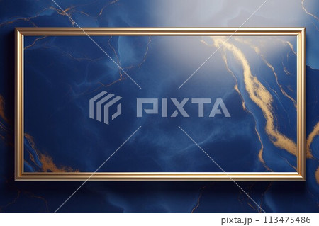 青いマーブル柄背景と金色の四角い枠。エレガントで美しい抽象テンプレート。AI生成画像 青いマーブル柄背景と金色の四角い枠。エレガントで美しい抽象テンプレート。AI生成画像 113475486