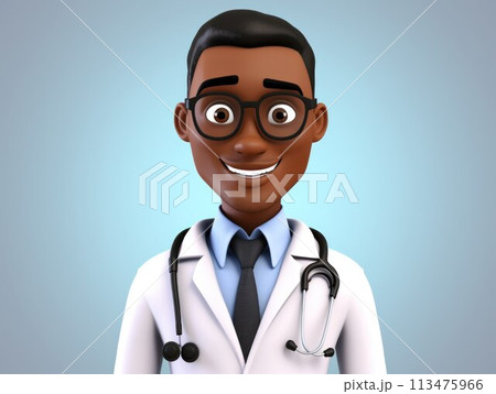 3D Doctor. African american male character. Simple cartoon fun afro person with stethoscope and uniform. 3D Doctor. African american male character. Simple cartoon fun afro person with stethoscope and uniform. 113475966