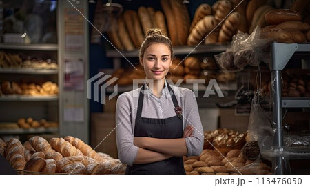 Owner of small bakery. Young pretty woman stands at counter with pastries and bread. Small business and work. Showcase with pies. AI generated 113476050