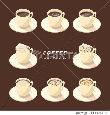 コーヒーバリエーションのセット_アイソメトリックのイラスト 113476186