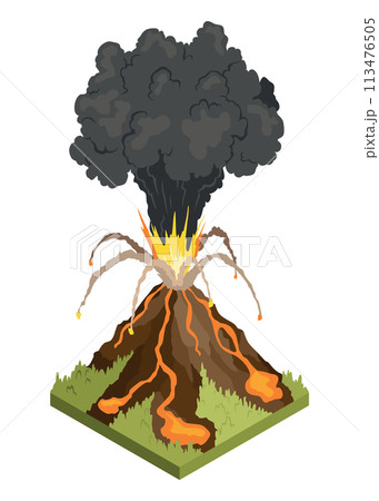 Isometric natural disaster concept with eruption volcano vector illustration Isometric natural disaster concept with eruption volcano vector illustration 113476505