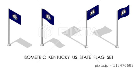 Isometric Kentucky US state in static position and in motion on flagpole. Kentucky map pin mark. 3d vector isolated on white background 113476695