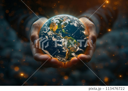 Hand holding globe representing earth day. Earth day and conservation concept Hand holding globe representing earth day. Earth day and conservation concept 113476722