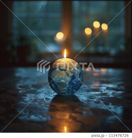 Globe with small fire on top representing earth day Globe with small fire on top representing earth day 113476726