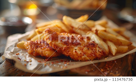 Fish or Chicken and fries for commercial advertisement or promotion. Fish or Chicken and fries for commercial advertisement or promotion. 113476730