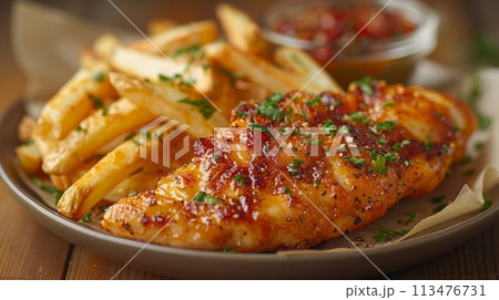 Close up of Fish or Chicken and fries for commercial advertisement or promotion Close up of Fish or Chicken and fries for commercial advertisement or promotion 113476731