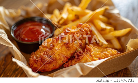 Close up of Chicken and fries for commercial advertisement or promotion 113476733