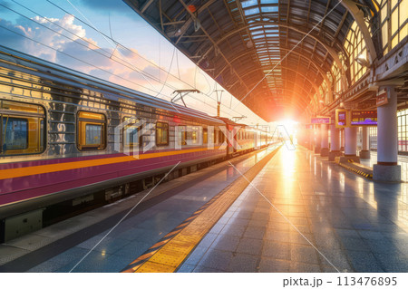 Train traveling through a train station next to a platform. Generative AI 113476895