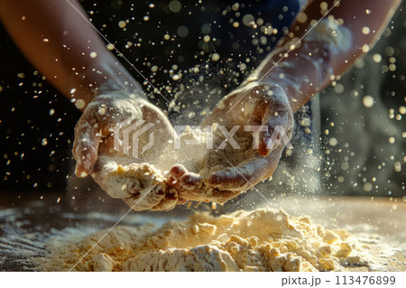 Baker's hands kneading the dough. Hands making bread. Generative AI 113476899
