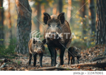 Wild boar family with baby in the forest. Generative AI 113476901