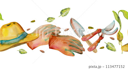 Hand drawn watercolor illustration spring gardening tools shovel cutting shears hat gloves green leaves seed. Seamless banner isolated on white background. Design print, shop, scrapbooking, packaging 113477152