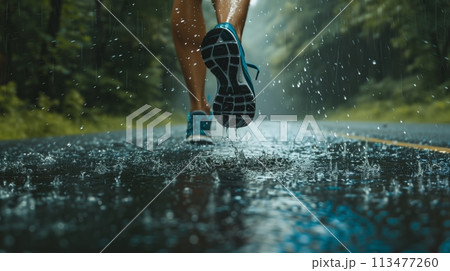 雨の中を走るランナーの足元 113477260