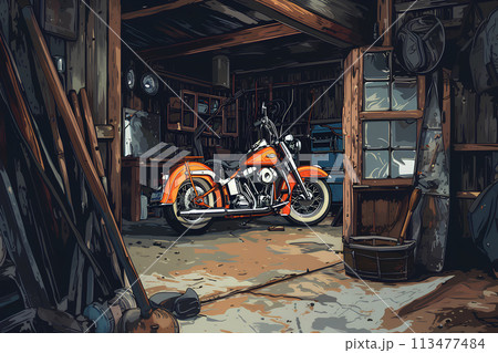 アメリカンタイプのオートバイと古いガレージ 113477484