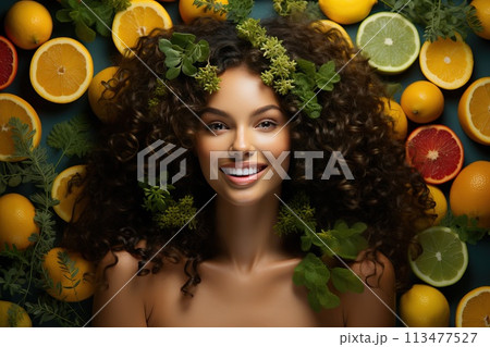 Portrait of a young girl with a wreath of citrus fruits and leaves on her head. 113477527