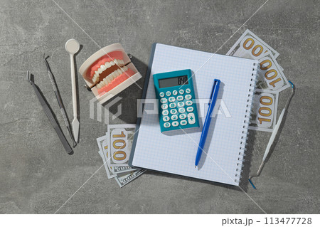 Jaw and dental instruments, calculator, cash and notepad on gray background, top view 113477728