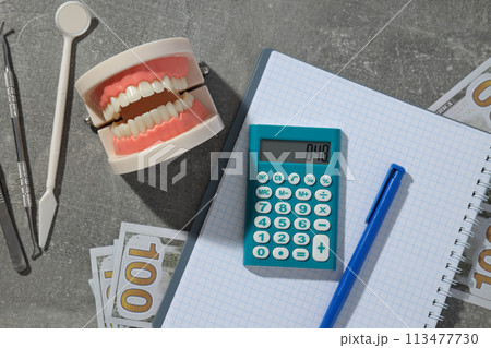 Jaw and dental instruments, calculator, cash and notepad on gray background, top view 113477730