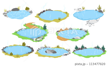 Japanese outdoor onsen pool with hot spring water vector illustration. Cartoon isolated traditional pond with rocks of spa resort in Japan, natural geothermal onsen bath for relax and bathing Japanese outdoor onsen pool with hot spring water vector illustration. Cartoon isolated traditional pond with rocks of spa resort in Japan, natural geothermal onsen bath for relax and bathing 113477820