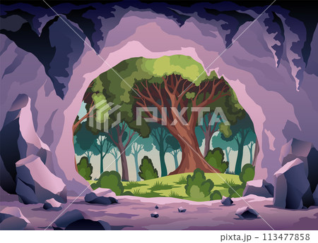 Cave landscape. Summer nature scene of cave entrance. Prehistoric dungeon, rock cavern game illustration. Vector illustration of tunnel in mountain or mine in rocks Cave landscape. Summer nature scene of cave entrance. Prehistoric dungeon, rock cavern game illustration. Vector illustration of tunnel in mountain or mine in rocks 113477858
