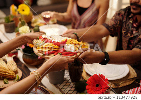 Hands of woman passing tray with snacks Hands of woman passing tray with snacks 113477928