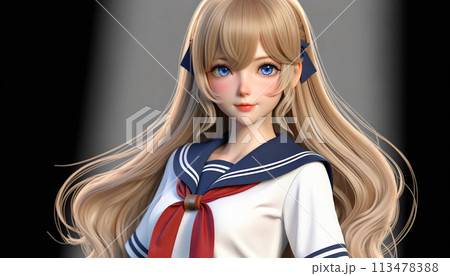 微笑むセーラー（学生）服の金髪青目女性 113478388