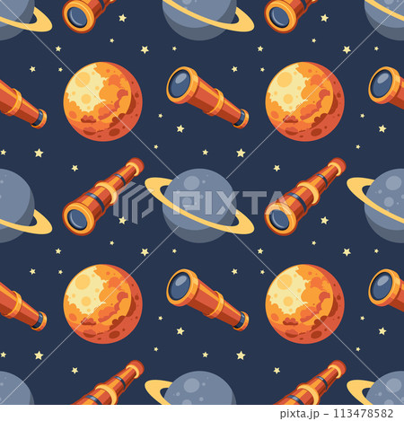 Seamless pattern, telescope, planet and solar eclipse Moon. Background for children, scrapbooking, children's room. Vector Seamless pattern, telescope, planet and solar eclipse Moon. Background for children, scrapbooking, children's room. Vector 113478582