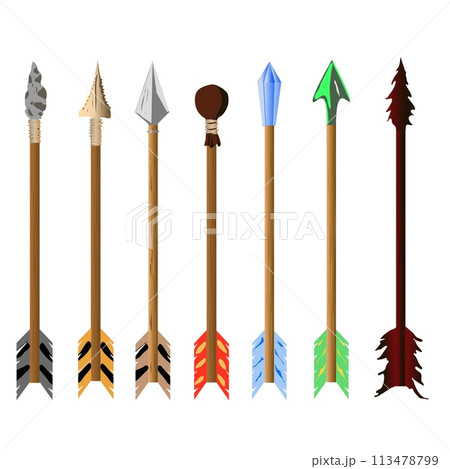 Vector set arrows for bow different 7 pieces. Vector illustration. Different plumage and arrowheads. A graphic resource for games about archers. The set includes a Stone, Bone, Steel, Stun, Crystal 113478799