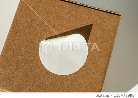 Brown cardboard box with circular white sticker on a neutral background. 113478999