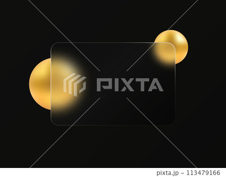Glass morphism effect. Rectangular banner made of transparent frosted glass. Golden spheres on a black background. 113479166
